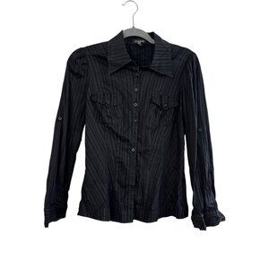 Vintage Y2K Bebe Womens Black Striped Button-Up Long Sleeve Shirt Size M